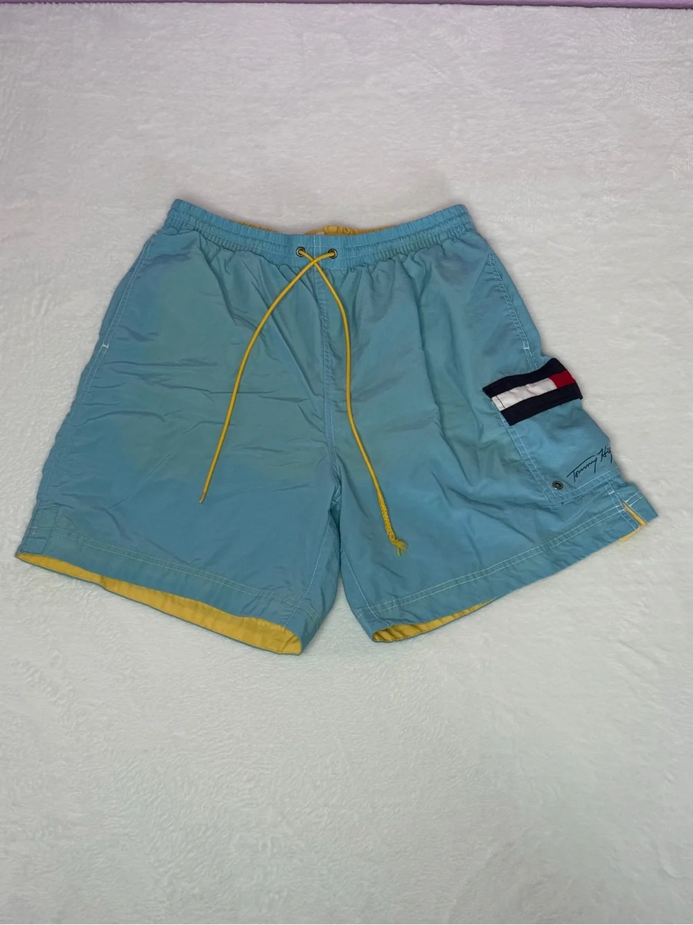 Tommy Hilfiger Blue Swim Trunks Large‎ Flag Logo Mesh Lined flaw drawstring